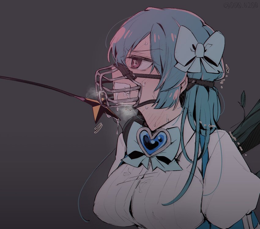 an_sin, bdsm, blue_hair, blush, breasts, brooch, covered_erect_nipples, hair_ribbon