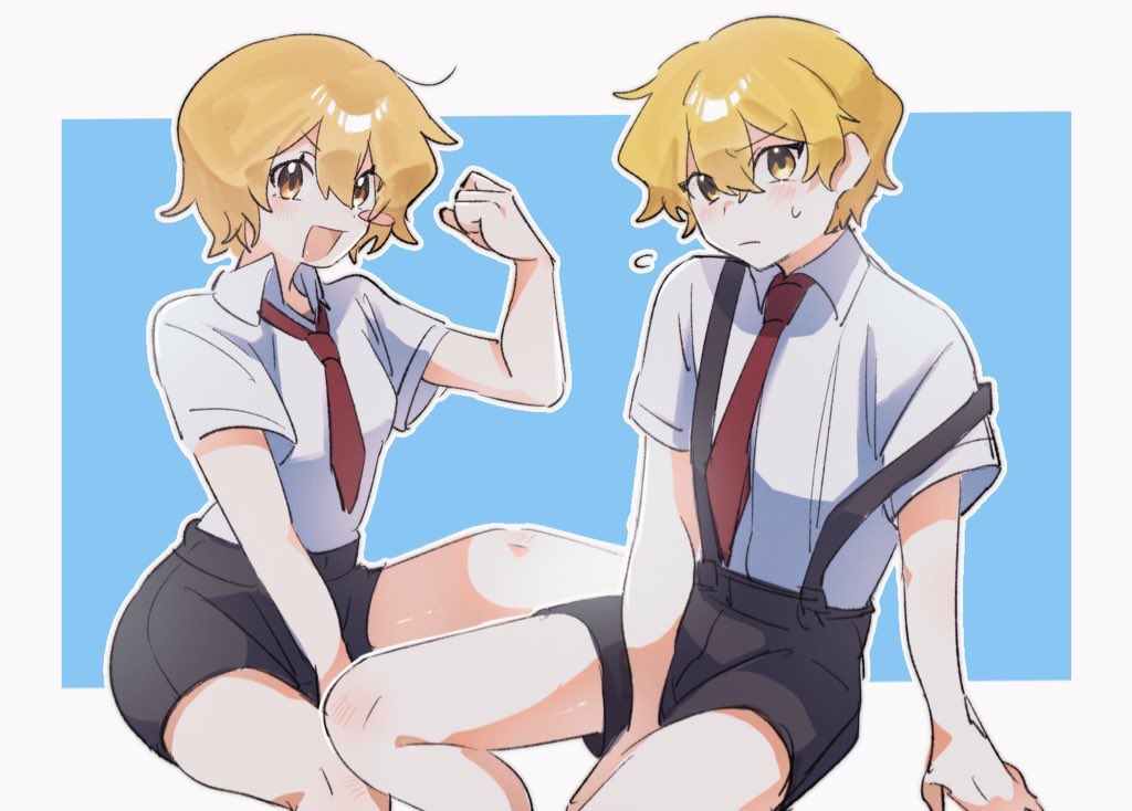 1boy, 1girl, bare_legs, blonde_hair, closed_mouth, don_quixote_(project_moon), limbus_company, necktie, open_mouth, project_moon, red_necktie, rnaro_maro, shirt, short_hair, shorts, sinclair_(project_moon), suspenders, sweat, white_shirt, yellow_eyes