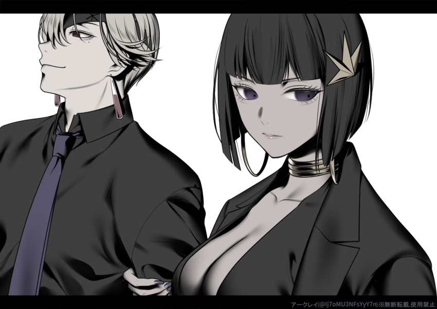 1boy, 1girl, arkray, artist_name, averting_eyes, black_border, black_dress, black_hair