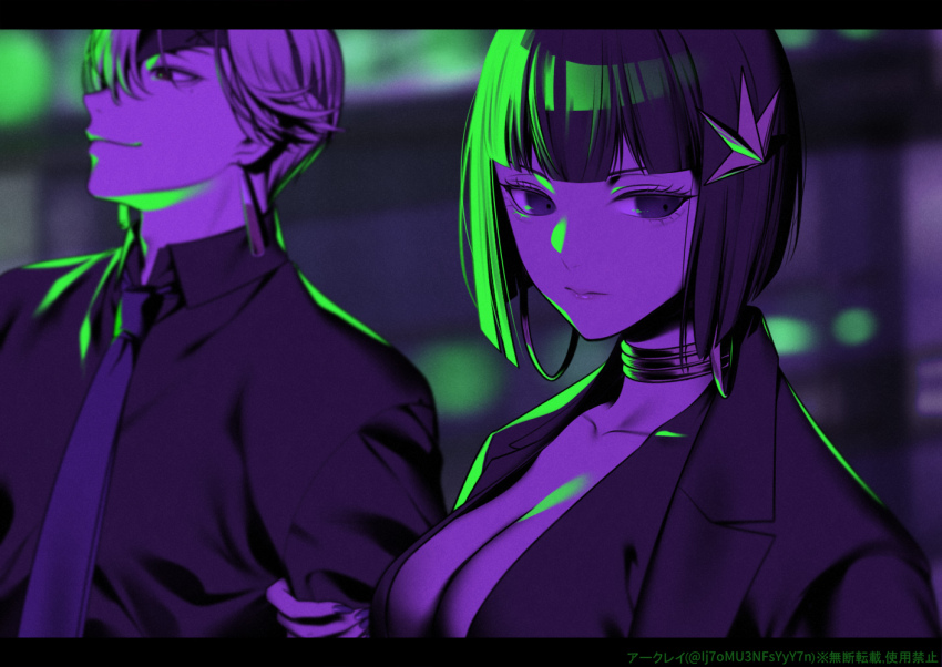 1boy, 1girl, arkray, artist_name, averting_eyes, black_border, black_dress, black_hair