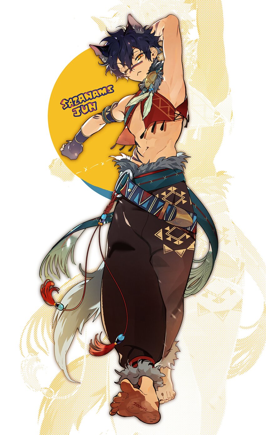 1boy, :<, absurdres, animal_ears, arm_behind_head, arm_up, armlet, baggy_pants, belt, bishounen, black_pants, character_name, crop_top, ensemble_stars!, full_body, fur-trimmed_pants, fur_trim, hair_between_eyes, half-closed_eyes, halftone, halftone_background, highres, jangchajsam, jewelry, kemonomimi_mode, looking_at_viewer, male_focus, navel, official_alternate_costume, one_eye_closed, outline, outstretched_arm, pants, pectoral_cleavage, pectorals, sash, sazanami_jun, solo, stomach, stretching, tail, toned, toned_male, twitter_username, walking, zoom_layer