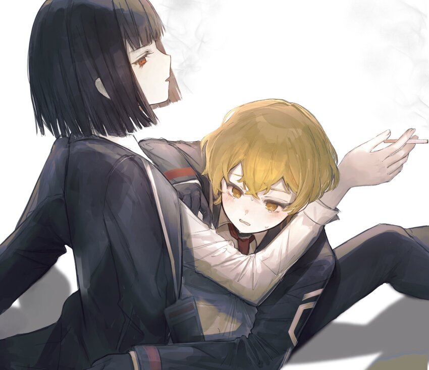 1boy, 1girl, black_gloves, black_hair, black_suit, blonde_hair, blush, cigarette, closed_mouth, formal_clothes, from_side, gloves, highres, holding, holding_cigarette, limbus_company, open_mouth, project_moon, red_eyes, ryoshu_(project_moon), sansan_hanabi, short_hair, simple_background, sinclair_(project_moon), suit, white_background, yellow_eyes