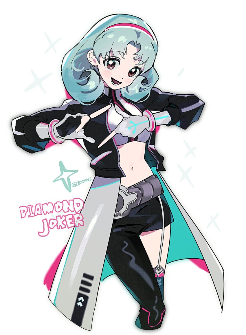 1girl, :d, asymmetrical_legwear, belt, cowboy_shot, cropped_legs, crossed_legs, curtained_hair