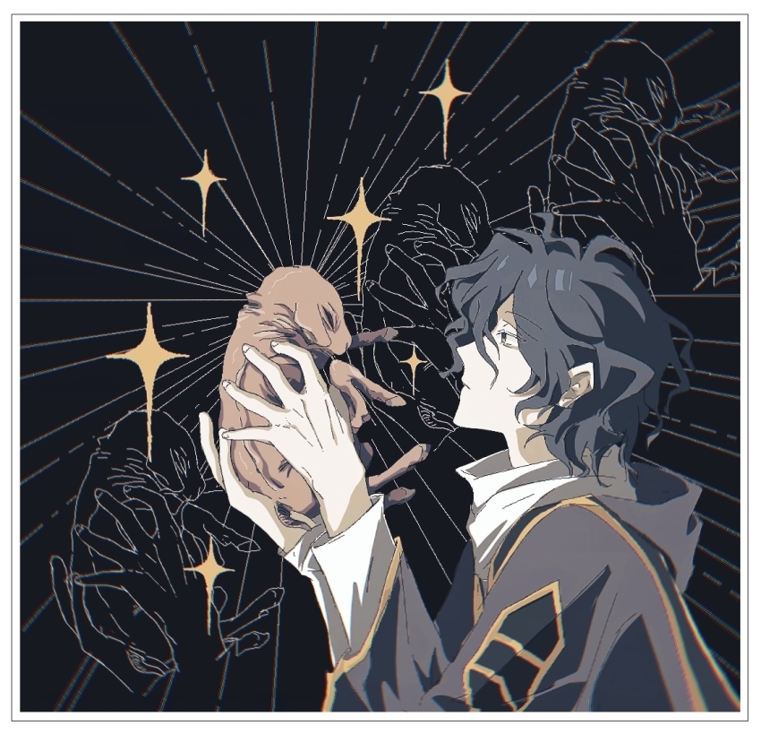 1boy, black_hair, black_jacket, border, chinese_commentary, chromatic_aberration, commentary_request, fetus