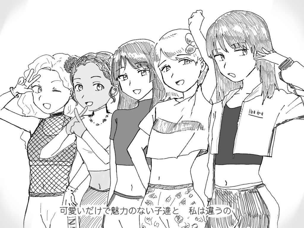 5girls, bebe_stevens, hair_ornament, long_hair, looking_away, multiple_girls, nichole_daniels, one_eye_closed