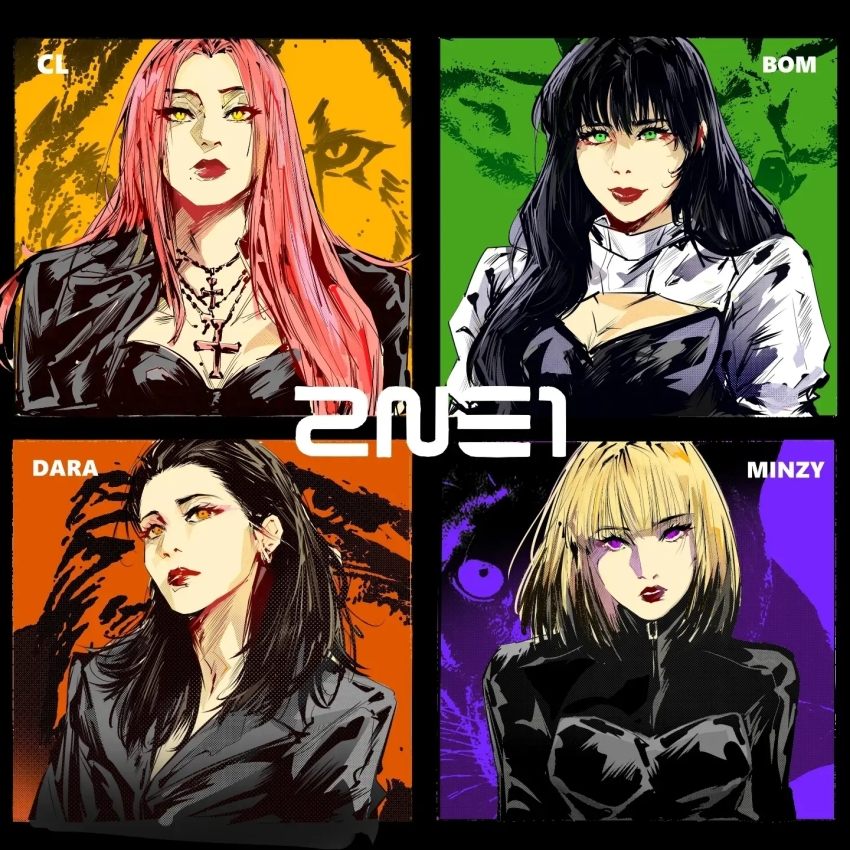 2ne1, 4girls, black_hair, blonde_hair, breasts, character_name, chinese_commentary, cl_(rapper)