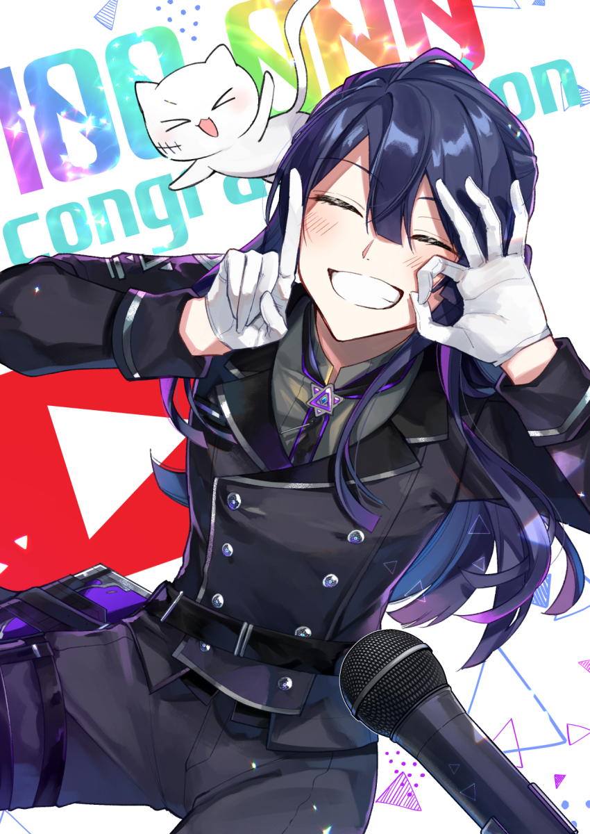 1boy, animal, cat, english_text, finger_counting, gloves, highres, long_hair