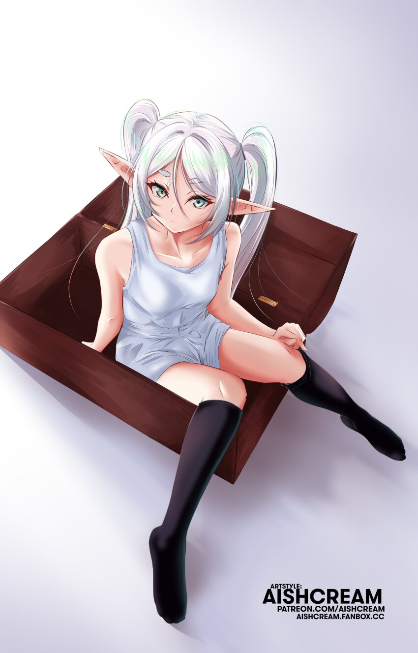 absurdres, aishcream24, artist_name, black_socks, breasts, dress, elf, frieren