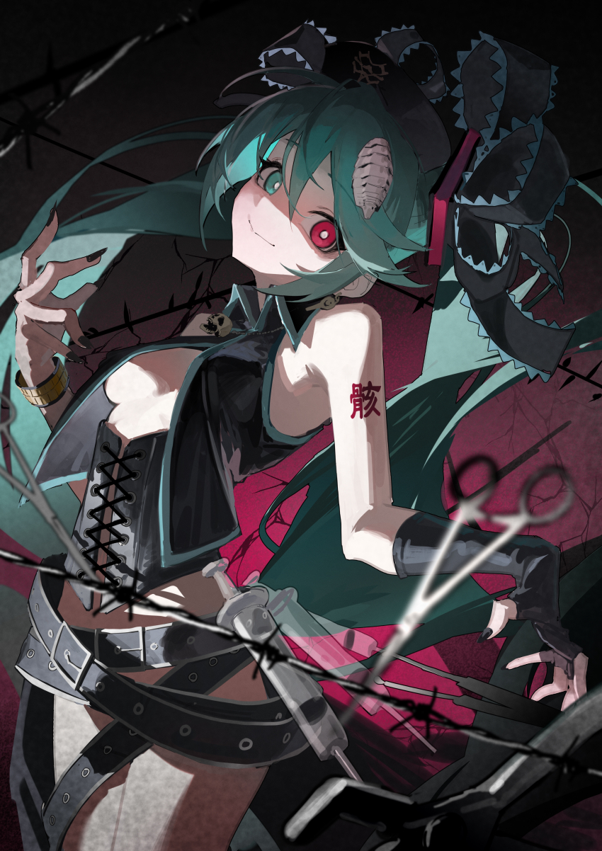 1girl, absurdly_long_hair, absurdres, aqua_eyes, aqua_hair, arm_tattoo, bare_legs, bare_shoulders, belt, black_belt, black_gloves, black_nails, breasts, bright_pupils, ca_(deino), calne_ca_(deino), closed_mouth, earrings, fingerless_gloves, gloves, hair_between_eyes, hair_ornament, hatsune_miku, heterochromia, highres, jewelry, jiu_ye_sang, kanji_tattoo, long_hair, looking_at_viewer, medium_breasts, multiple_belts, nail_polish, nato-kun, necklace, needle, open_clothes, red_eyes, scissors, shaded_face, shadow, sidelocks, single_fingerless_glove, skull_necklace, smile, solo, tattoo, twintails, very_long_hair, vocaloid, watch, white_pupils, wristwatch