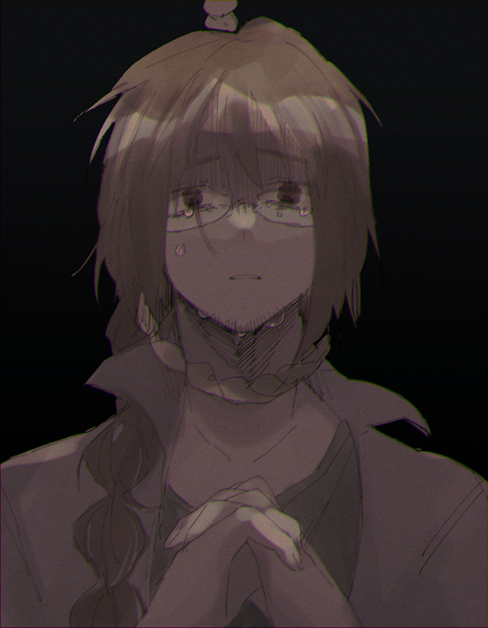 1boy, black_background, braid, brown_eyes, brown_hair, chromatic_aberration, commentary_request, crying, crying_with_eyes_open, film_grain, glasses, green_shirt, grey_jacket, hanged, harada_kazaru, interlocked_fingers, jacket, male_focus, noose, open_clothes, open_jacket, own_hands_together, saibou_shinkyoku, saitou_(f_ly_14735), shirt, side_braid, simple_background, single_braid, solo, tears