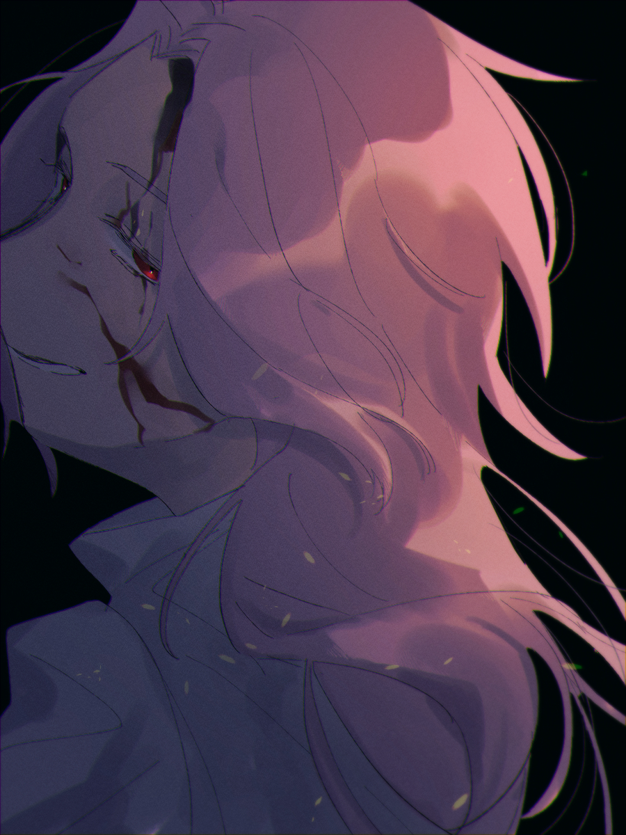 1boy, black_background, blood_from_forehead, blood, blood_on_face, commentary_request, hatsutori_hajime, high_collar