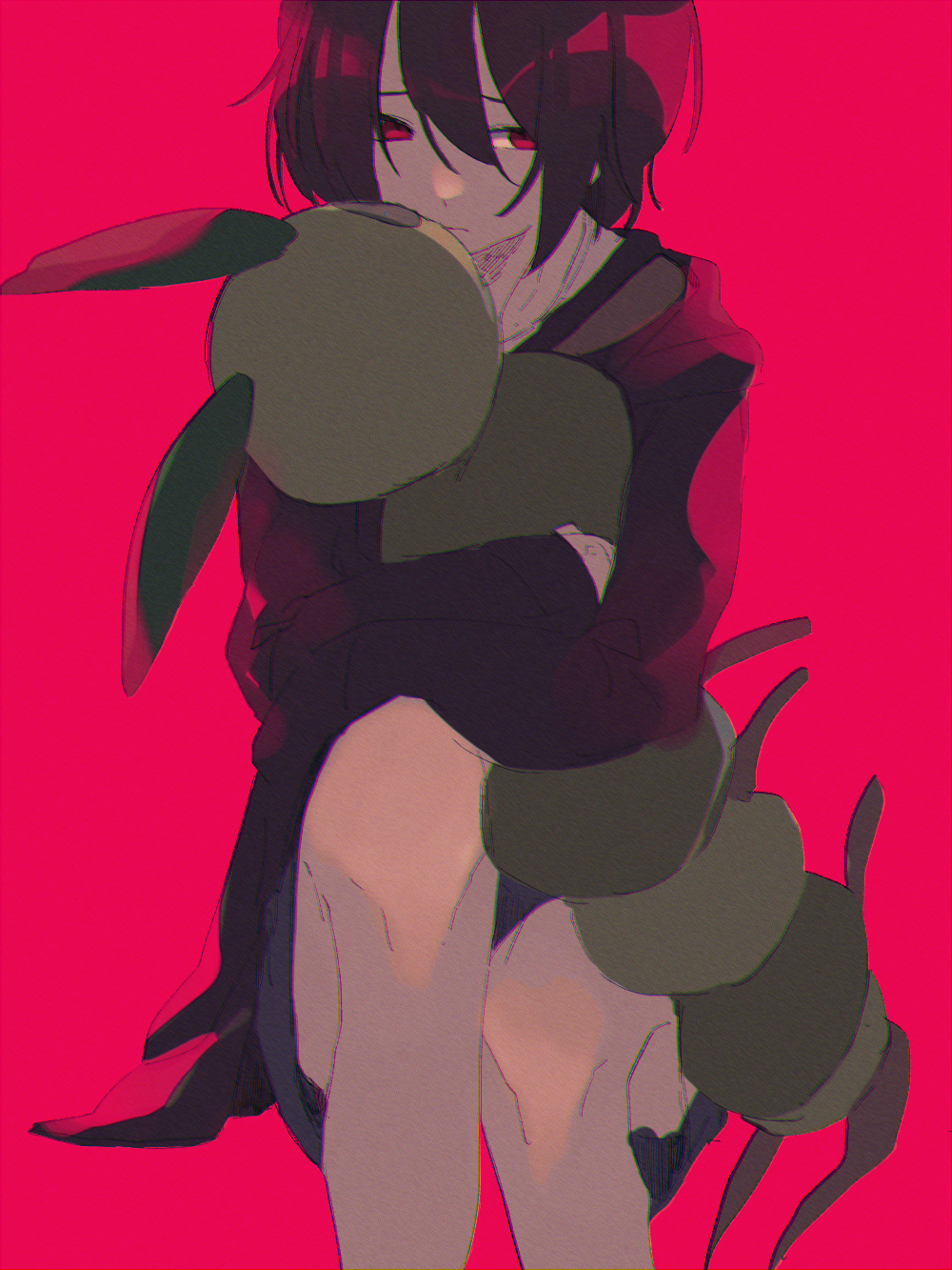 1boy, black_jacket, blue_shorts, brown_hair, chromatic_aberration, closed_mouth, commentary_request, film_grain