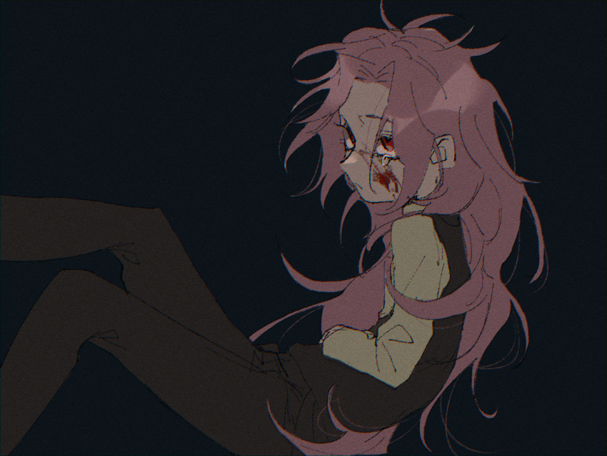 1boy, black_background, black_pants, black_vest, blood, blood_on_face, chromatic_aberration, closed_mouth