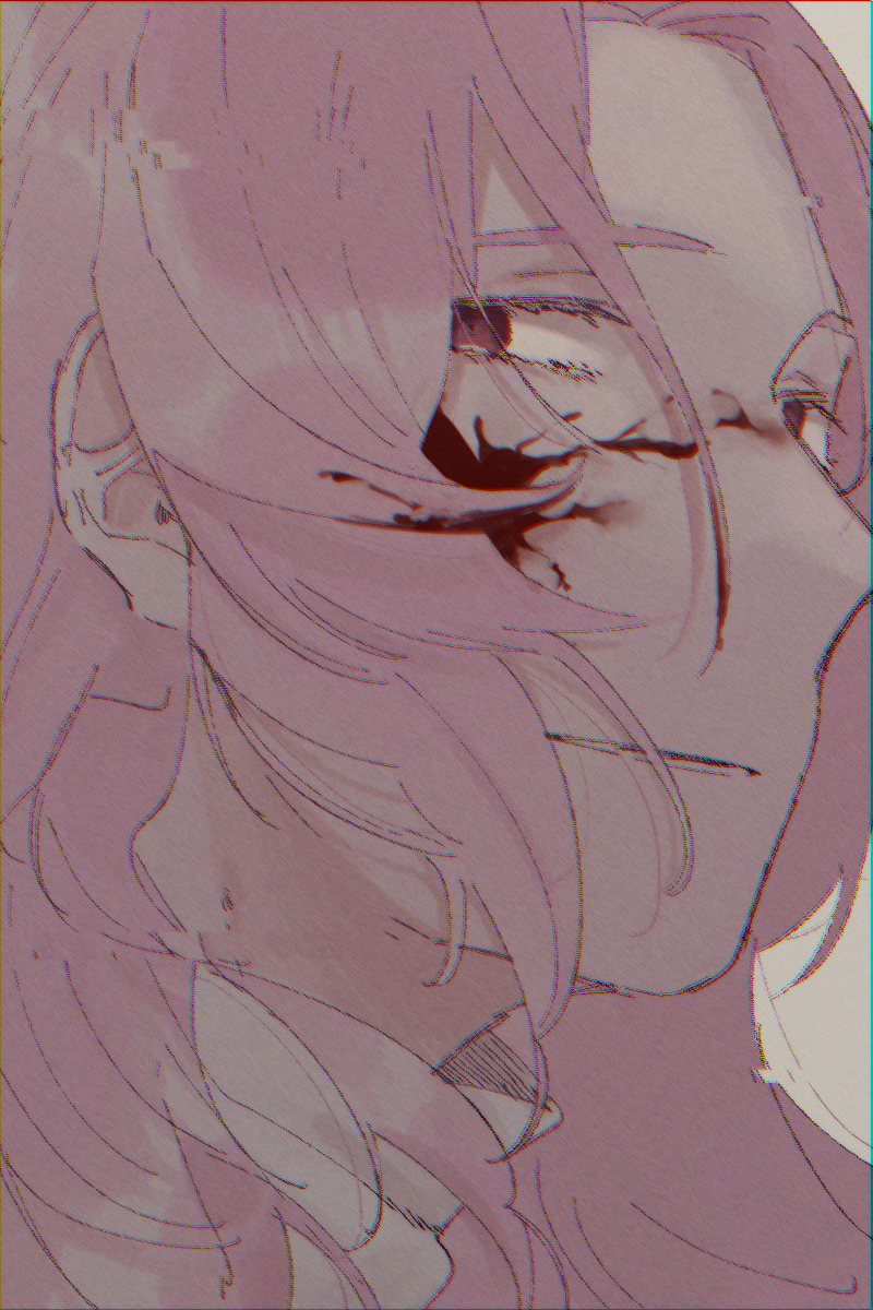 1boy, blood, blood_on_face, chromatic_aberration, colored_eyelashes, commentary_request, film_grain, glitch