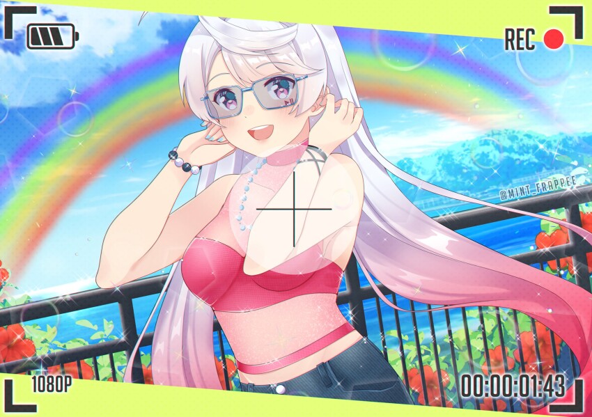 1girl, alternate_costume, armpit_peek, bare_shoulders, battery_indicator, bead_bracelet, bead_necklace, beads