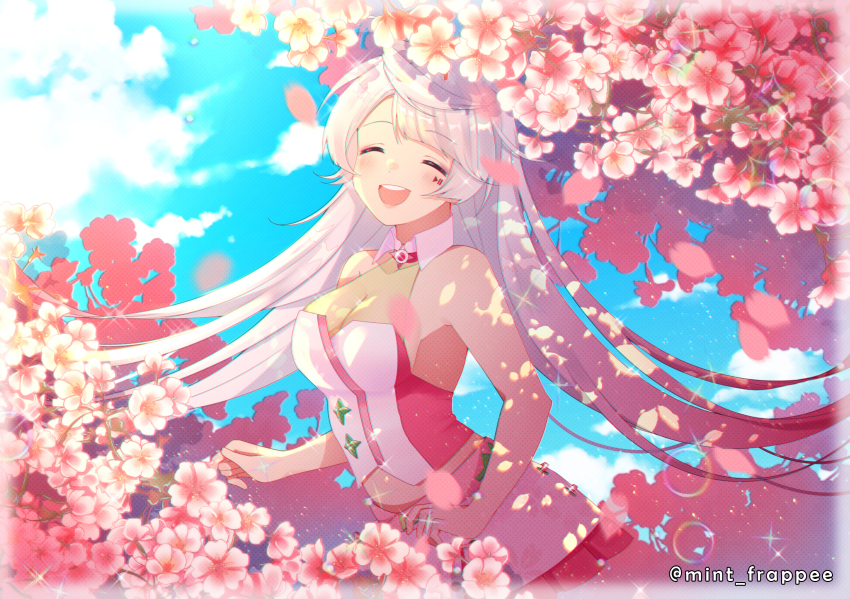 1girl, ahoge, blue_sky, breasts, cherry_blossom_print, cherry_blossoms, cleavage, closed_eyes