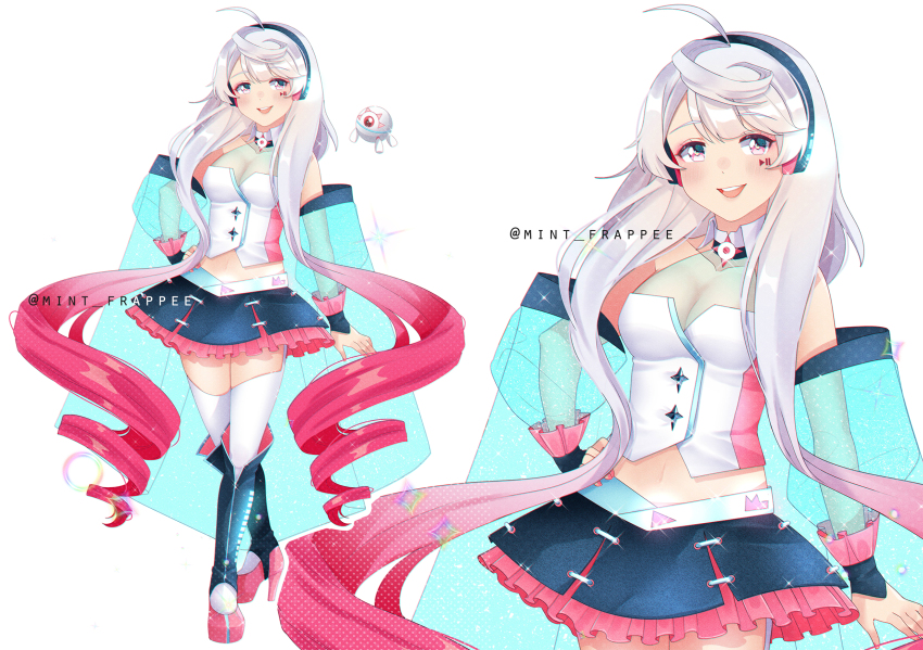 1girl, ahoge, bare_shoulders, black_footwear, black_skirt, boots, breasts, cleavage