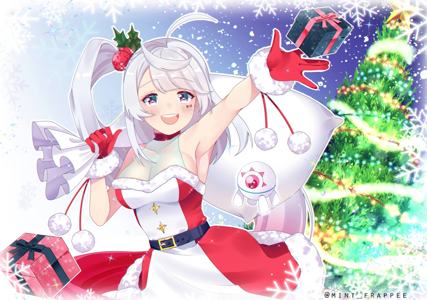 1girl, ahoge, arm_up, armpit_peek, bag, belt, black_belt, box