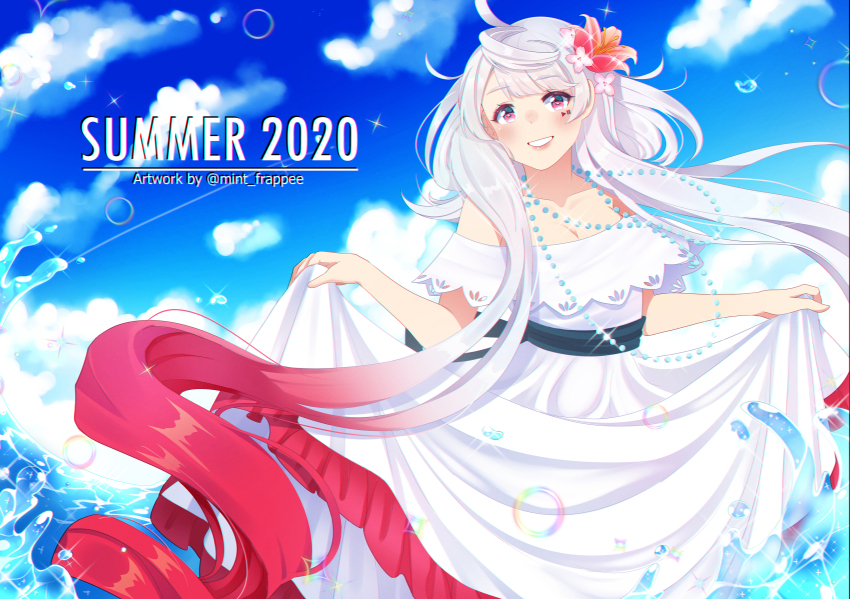 2020, absurdly_long_hair, absurdres, back_bow, bead_necklace, beads, blue_bow, blue_sky