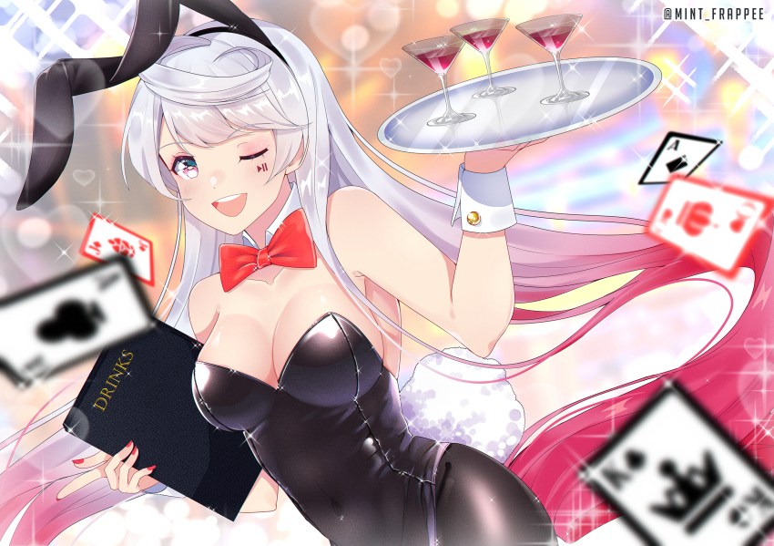 1girl, animal_ears, armpit_peek, bare_shoulders, black_leotard, black_pantyhose, bow, bowtie