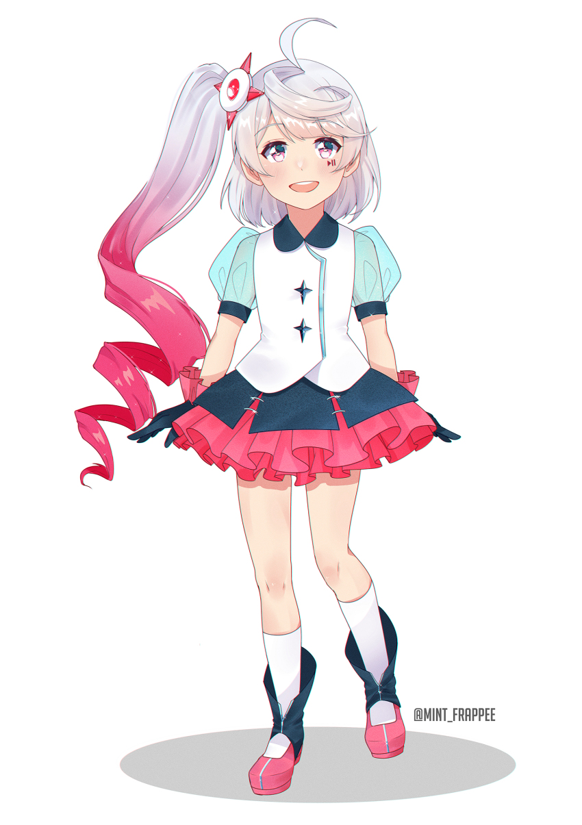 1girl, ahoge, alternate_hairstyle, black_gloves, black_skirt, boots, collared_shirt, commentary