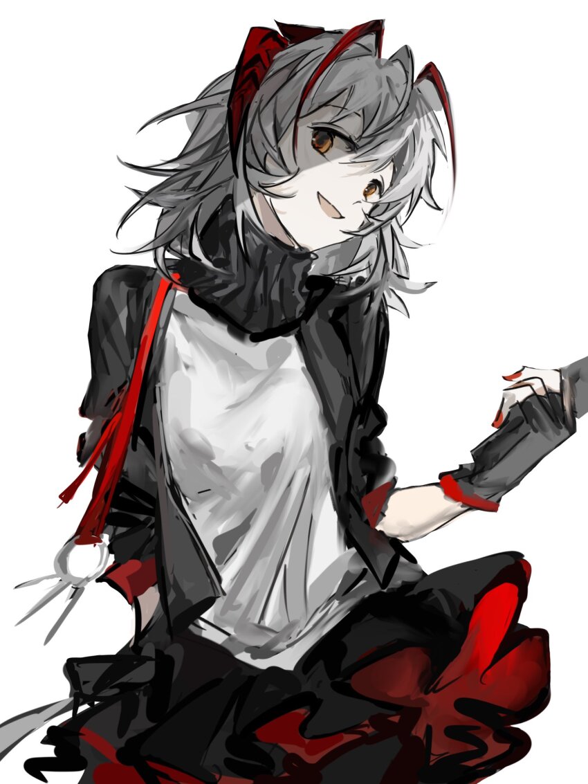 1girl, antenna_hair, arknights, black_jacket, black_scarf, black_skirt, controller, demon_girl