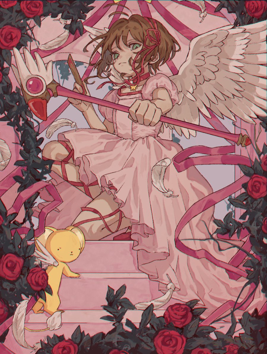 1girl, brown_hair, cardcaptor_sakura, clow_card, dress, feathers, flower, green_eyes