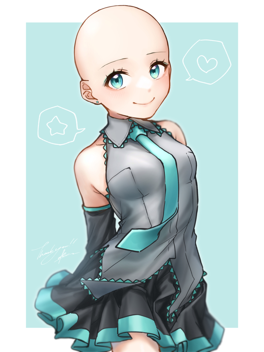 1girl, after0217, alternate_hairstyle, aqua_eyes, aqua_necktie, bald, bald_female, bare_shoulders, collared_shirt, commission, detached_sleeves, hatsune_miku, heart, highres, looking_at_viewer, necktie, pixiv_commission, pleated_skirt, shaved_head, shirt, skirt, smile, solo, spoken_heart, spoken_star, star_(symbol), vocaloid