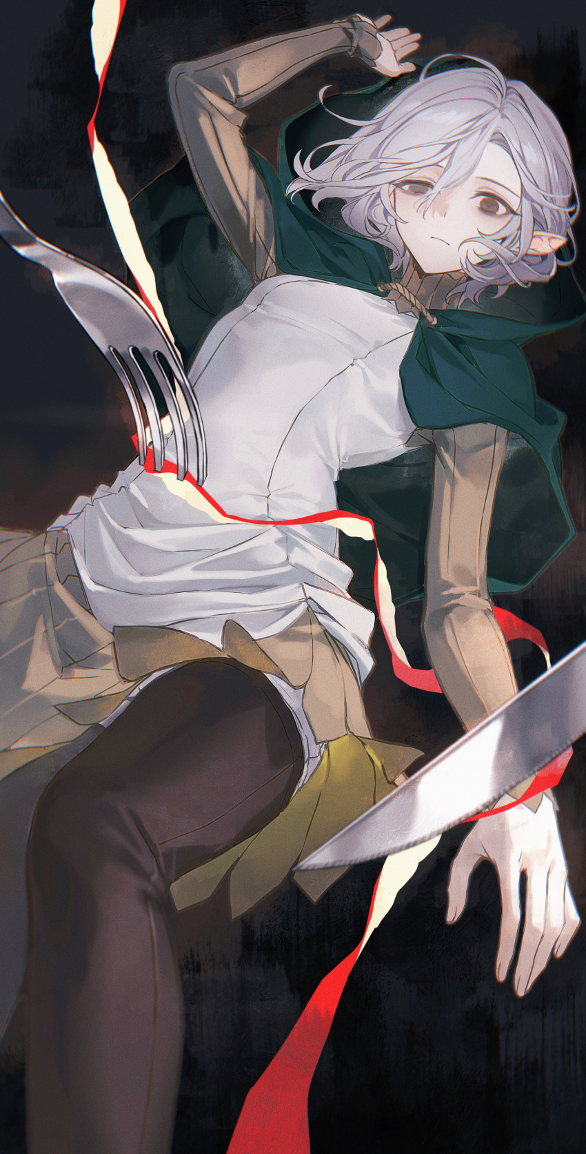 1boy, absurdres, arm_up, black_background, boots, brown_boots, cloak, closed_mouth