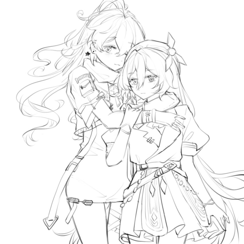 2girls, :3, arkria_hroptr, honkai_gakuen, beret, chinese_commentary, commentary, dress, gloves, hair_between_eyes, hand_on_another's_arm, hat, high_ponytail, highres, honkai_(series), hug, jacket, karin_mered, long_hair, looking_at_viewer, monochrome, multiple_girls, ponytail, scarf, short_dress, simple_background, sketch, skirt, ssh132347, very_long_hair, white_background, yuri