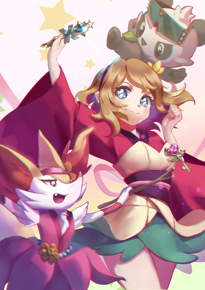 1girl, absurdres, black_eyes, blue_eyes, braixen, brown_hair, dress, fang