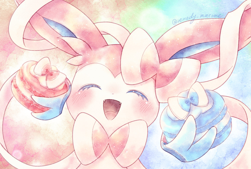 blush, bow, closed_eyes, eyelashes, food, gen_6_pokemon, happy, highres