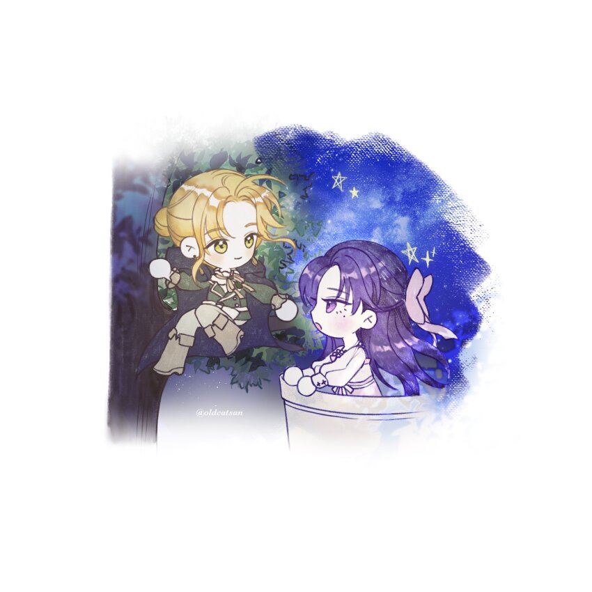 2girls, balcony, blonde_hair, boots, border, bow, cape, climbing_tree, commentary, deformed, green_eyes, green_shirt, hair_bow, hair_bun, highres, medea_solon, multiple_girls, night, nightgown, oldcatsan, outdoors, parted_bangs, psyche_callista, purple_eyes, purple_hair, reaching, reaching_towards_another, shirt, sky, smile, star_(symbol), tree, twitter_username, white_border, white_bow, white_nightgown, your_throne