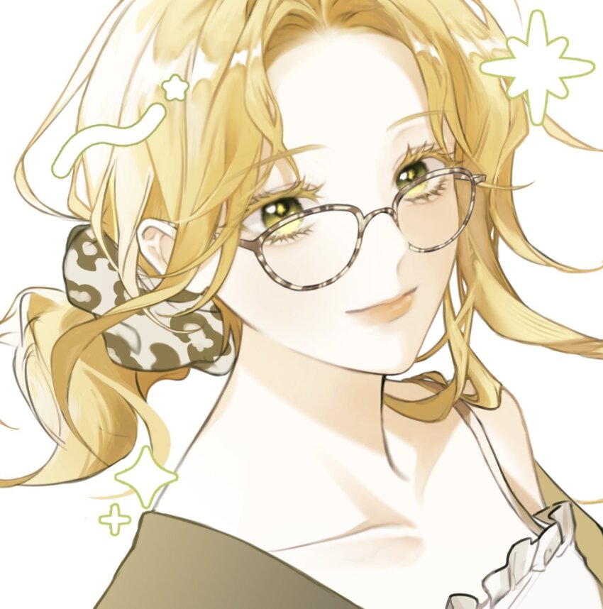 1girl, alternate_costume, animal_print, blonde_hair, bow, brown_shirt, colored_eyelashes, commentary, frills, from_above, glasses, green_eyes, hair_ornament, hair_scrunchie, highres, leopard_print, looking_at_viewer, low_ponytail, oldcatsan, ponytail, portrait, psyche_callista, scrunchie, shirt, simple_background, solo, star_(symbol), untranslatable_commentary, white_background, your_throne
