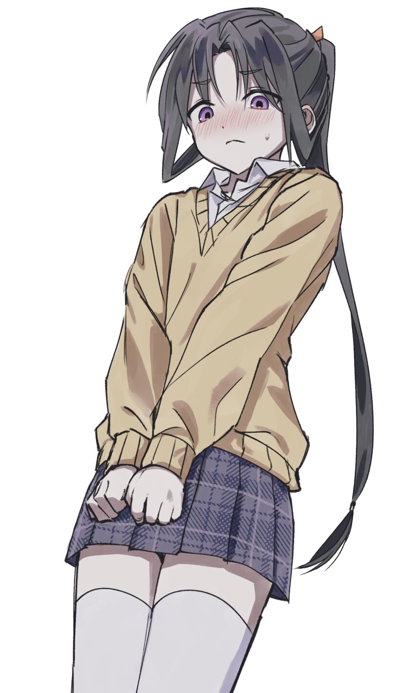 1boy, absurdres, alternate_costume, black_hair, blush, brown_sweater, closed_mouth, collared_shirt, commentary_request, contemporary, cowboy_shot, crossdressing, crossdressing_(mtf), dutch_angle, embarrassed, from_below, frown, grey_skirt, highres, houjou_tokiyuki_(nige_jouzu_no_wakagimi), korean_commentary, long_hair, long_sleeves, looking_at_viewer, male_focus, mogaji, nige_jouzu_no_wakagimi, nose_blush, own_hands_together, plaid_clothes, plaid_skirt, pleated_skirt, purple_eyes, school_uniform, shirt, simple_background, skirt, solo, standing, sweatdrop, sweater, thighhighs, white_background, white_shirt, white_thighhighs, zettai_ryouiki