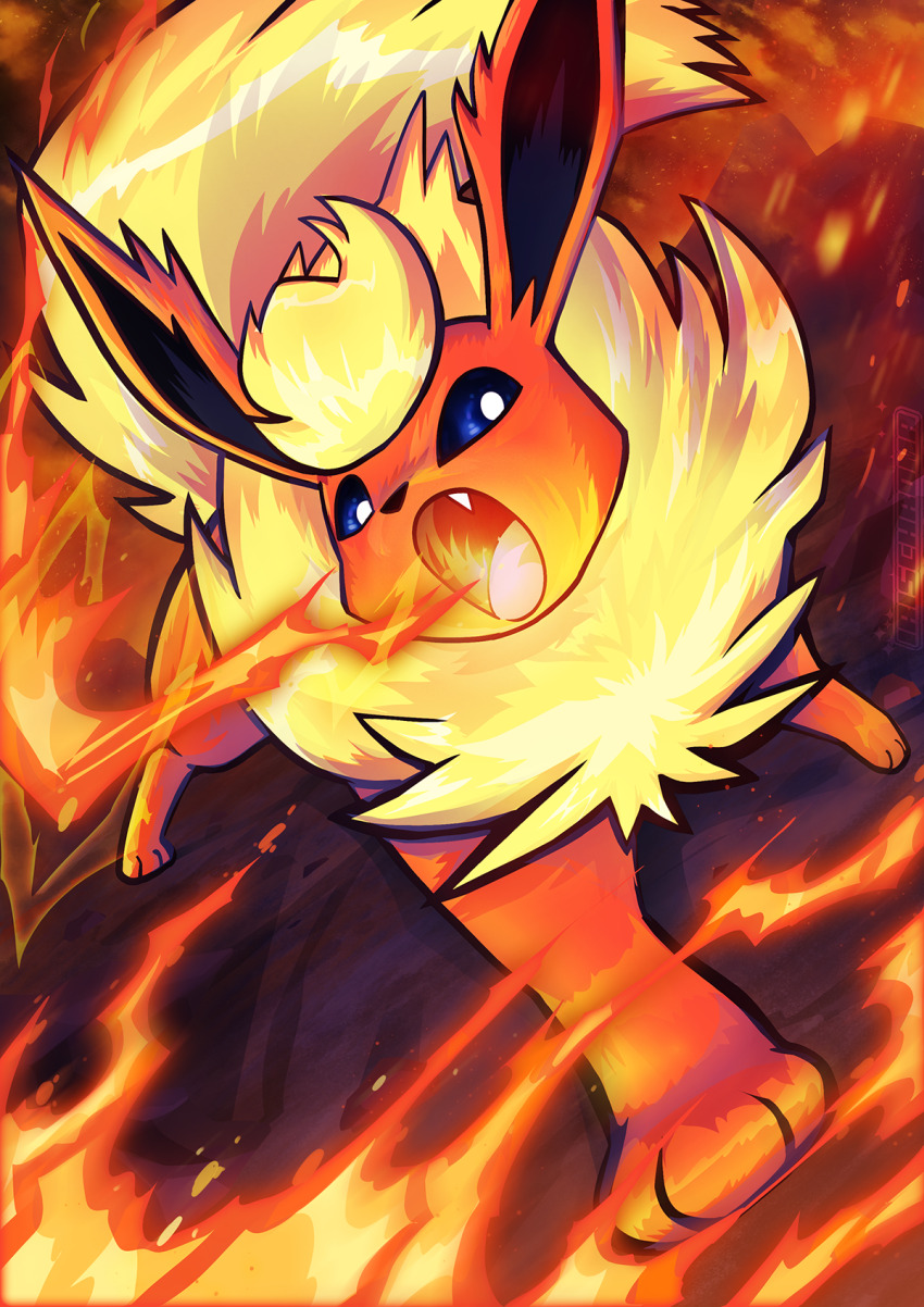 animal_focus, blonde_hair, blue_eyes, fang, fire, flareon, gen_1_pokemon, highres