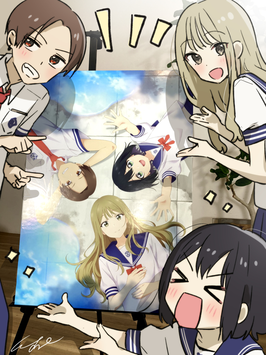 >_<, 1girl, 2boys, :d, androgynous, aoi_saki_(senpai_wa_otokonoko), black_hair, blonde_hair