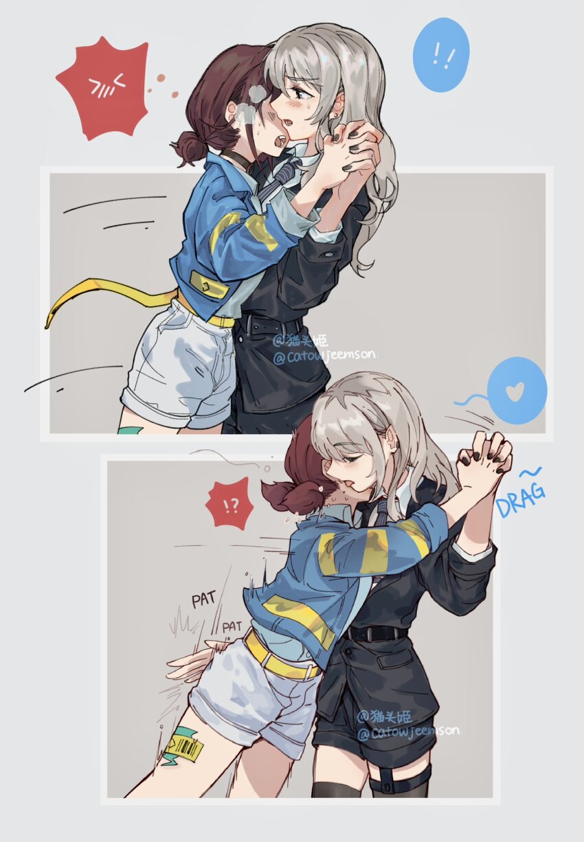 !, !?, 2girls, ass_smack, belt, black_jacket, black_nails, black_necktie