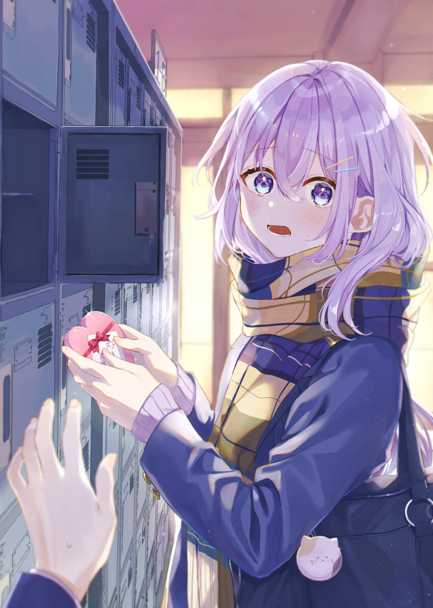 2girls, absurdres, animal_charm, blush, caught, charm_(object), day, female_pov, getabako, hair_ornament, hairclip, highres, implied_yuri, indoors, koyulu, letter, long_sleeves, love_letter, multiple_girls, original, pov, pov_hands, purple_hair, scarf, school, school_uniform, solo_focus, valentine, yuri