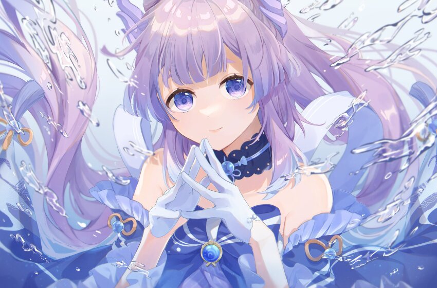 1girl, bare_shoulders, blue_gem, blue_horns, closed_mouth, gem, genshin_impact, gloves