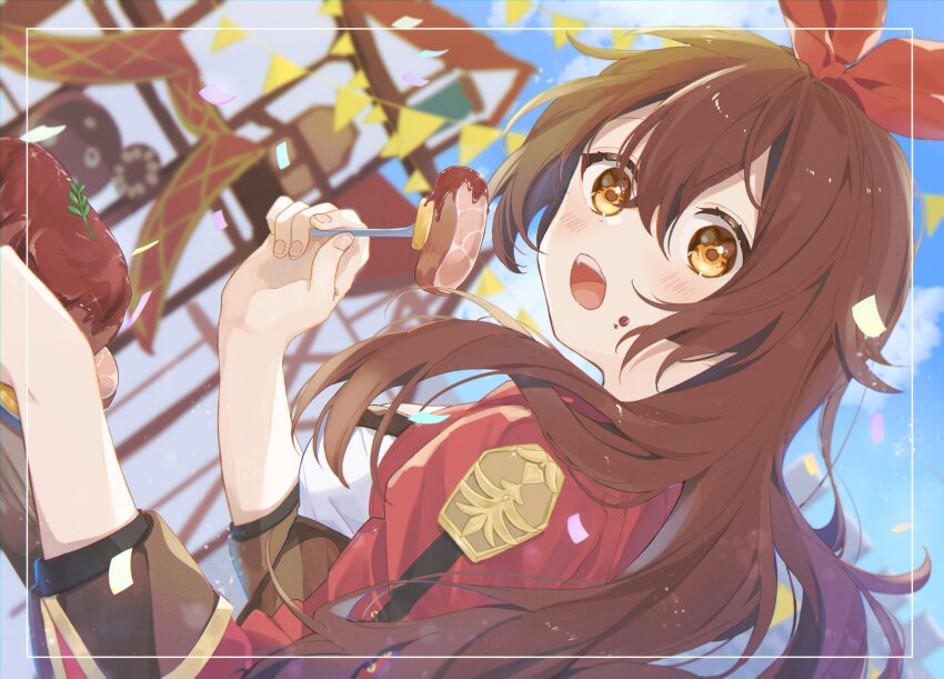 1girl, amber_(genshin_impact), blush, bow, brown_hair, confetti, day, dutch_angle, eating, food, genshin_impact, hair_between_eyes, hair_bow, herb, highres, koyulu, long_hair, looking_at_viewer, meat, open_mouth, outdoors, sky, solo, yellow_eyes