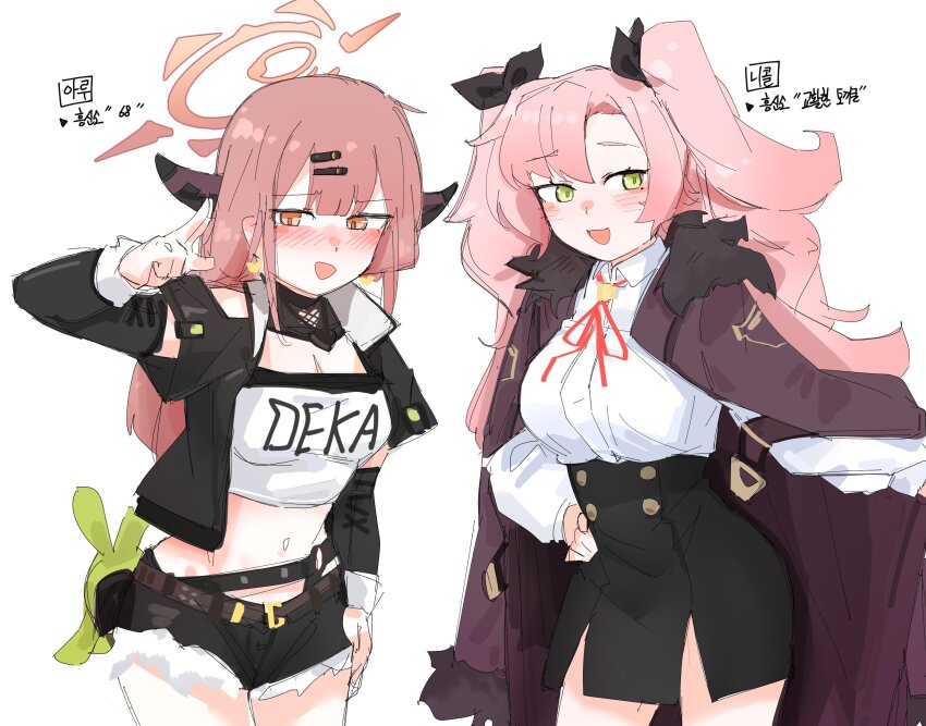 2girls, amillion_(zenless_zone_zero), aru_(blue_archive), aru_(blue_archive)_(cosplay), bangboo_(zenless_zone_zero), black_ribbon, black_shorts, black_skirt, blue_archive, blush, breasts, clothes_writing, coat, coat_on_shoulders, collared_shirt, cosplay, costume_switch, crossover, detached_sleeves, earrings, flukhan, fur_trim, green_eyes, hair_ornament, hair_ribbon, hairclip, halo, hand_on_own_hip, highres, horns, jewelry, long_hair, long_sleeves, multiple_girls, nicole_demara, nicole_demara_(cosplay), open_clothes, open_mouth, pink_hair, red_coat, ribbon, shirt, short_shorts, shorts, simple_background, skirt, white_background, white_shirt, zenless_zone_zero