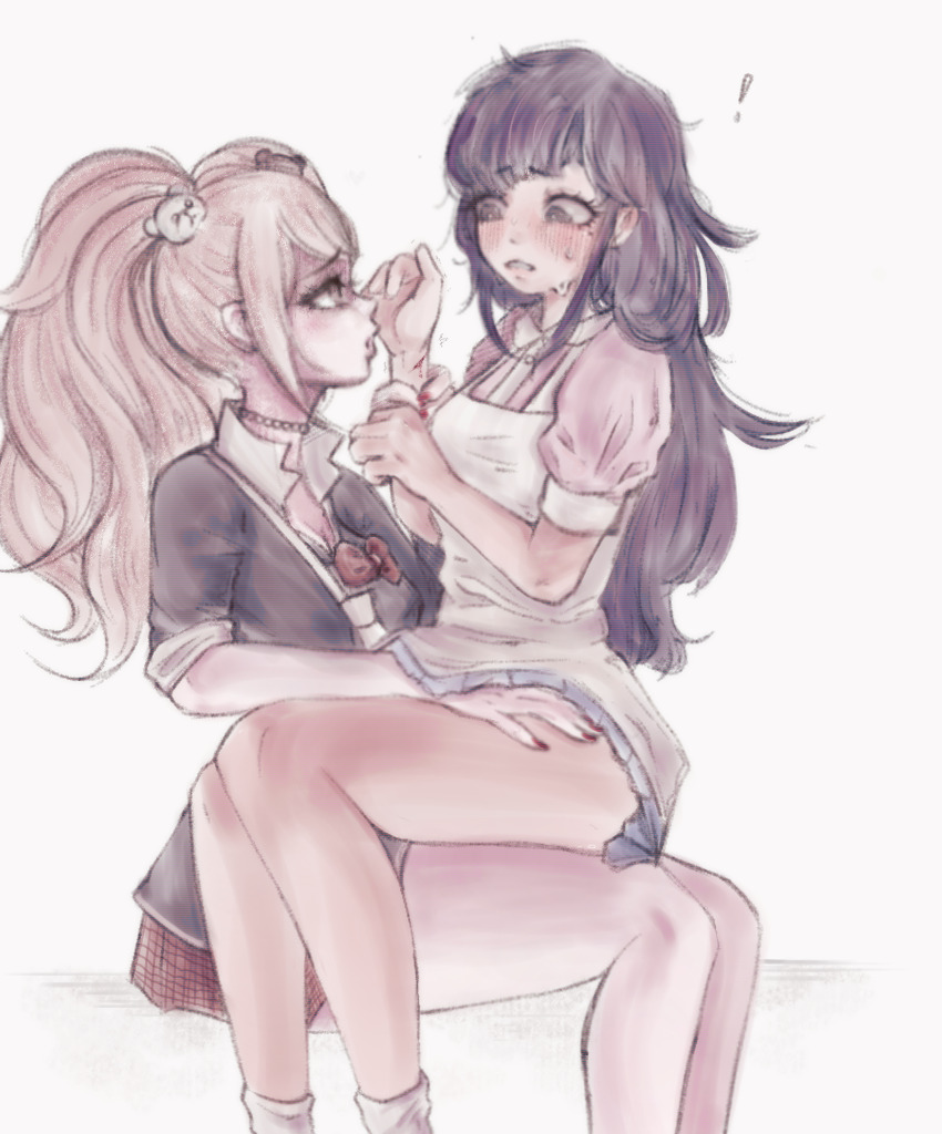 2girls, apron, bear_hair_ornament, bleeding, blonde_hair, blood, blood_on_arm, blue_skirt, blush, bow, choker, danganronpa:_trigger_happy_havoc, danganronpa_(series), danganronpa_2:_goodbye_despair, enoshima_junko, !, female_focus, fingernails, grey_eyes, hair_ornament, hand_on_another's_thigh, imaginaryiand, long_hair, looking_at_another, looking_down, looking_up, multiple_girls, nail_polish, nurse, nurse_outfit, on_lap, on_person, pleated_skirt, purple_hair, red_bow, red_nails, red_skirt, short_sleeves, simple_background, sitting, sitting_on_lap, sitting_on_person, skirt, sweat, sweatdrop, tsumiki_mikan, twintails, white_background, yuri