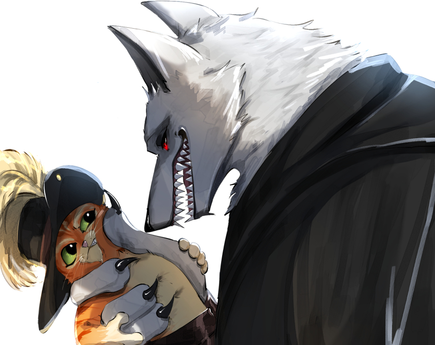 2boys, animal, belt, cat, cat_boy, cavalier_hat, death_(puss_in_boots), fagon_k8877, furry, furry_male, furry_with_furry, green_eyes, hand_grab, hand_on_another's_face, hat, hat_feather, height_difference, highres, holding, holding_animal, holding_cat, looking_at_another, male_focus, mixed-language_commentary, multiple_boys, open_mouth, orange_cat, orange_fur, poncho, puss_in_boots:_the_last_wish, puss_in_boots_(shrek), red_eyes, sharp_teeth, shrek_(series), simple_background, size_difference, smirk, teeth, whiskers, white_background, wolf, wolf_boy, yaoi