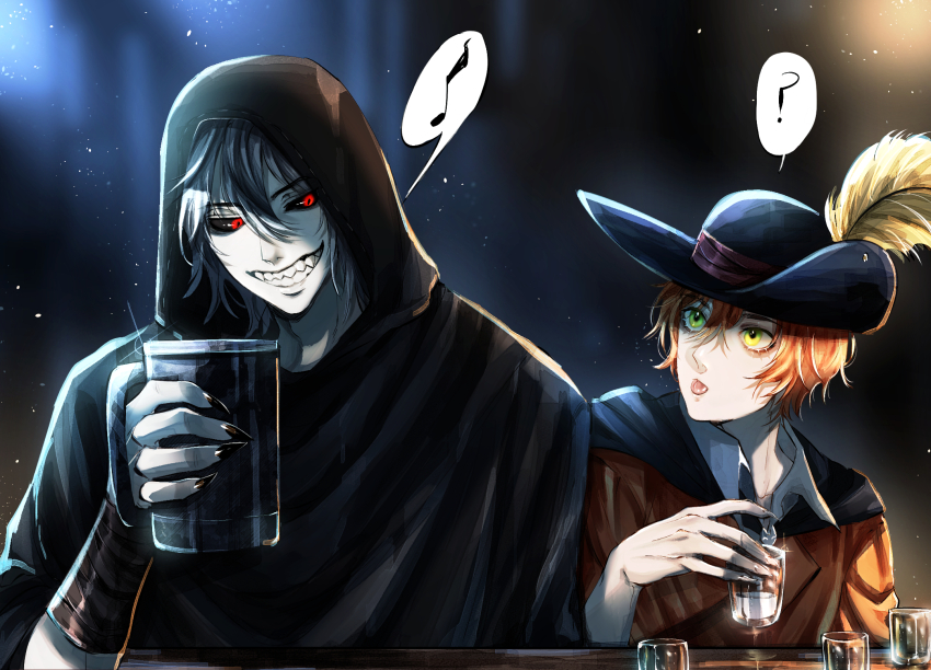 2boys, :p, ?, animification, black_cape, black_sclera, cape, colored_sclera