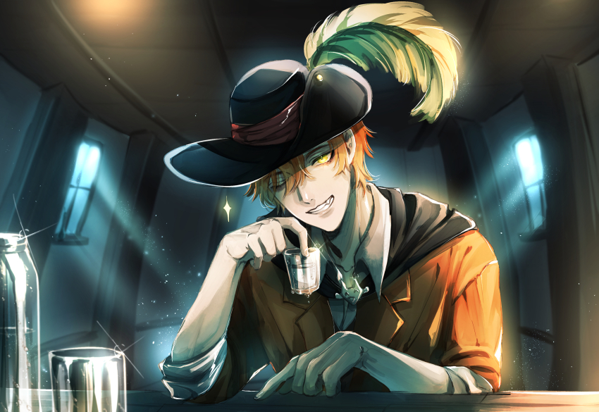 1boy, animification, black_cape, cape, cup, drinking_glass, fagon_k8877, green_eyes