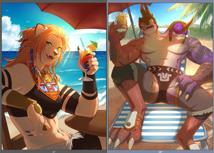 1boy, 1girl, bakool_ja_ja, beach, beach_chair, claws, cocktail_glass, cup, drinking_glass, fangs, final_fantasy, final_fantasy_xiv, highres, horns, hrothgar, kokolaichainsaw, looking_at_viewer, male_swimwear, mamool_ja, multiple_heads, muscular, muscular_female, muscular_male, orange_hair, sharp_teeth, single_horn, smile, swim_briefs, teeth, toned, toned_female, wuk_lamat