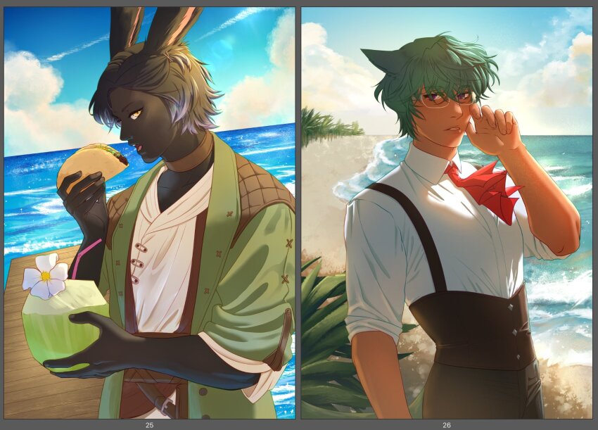 2boys, animal_ears, beach, black_hair, black_skin, cat_ears, coconut, coconut_cup, colored_skin, erenville, final_fantasy, final_fantasy_xiv, fruit_as_cup, glasses, green_hair, highres, koana_(ff14), kokolaichainsaw, lens_flare, looking_at_viewer, miqo'te, multiple_boys, ocean, rabbit_ears, sunlight, suspenders, taco, upper_body, viera, water