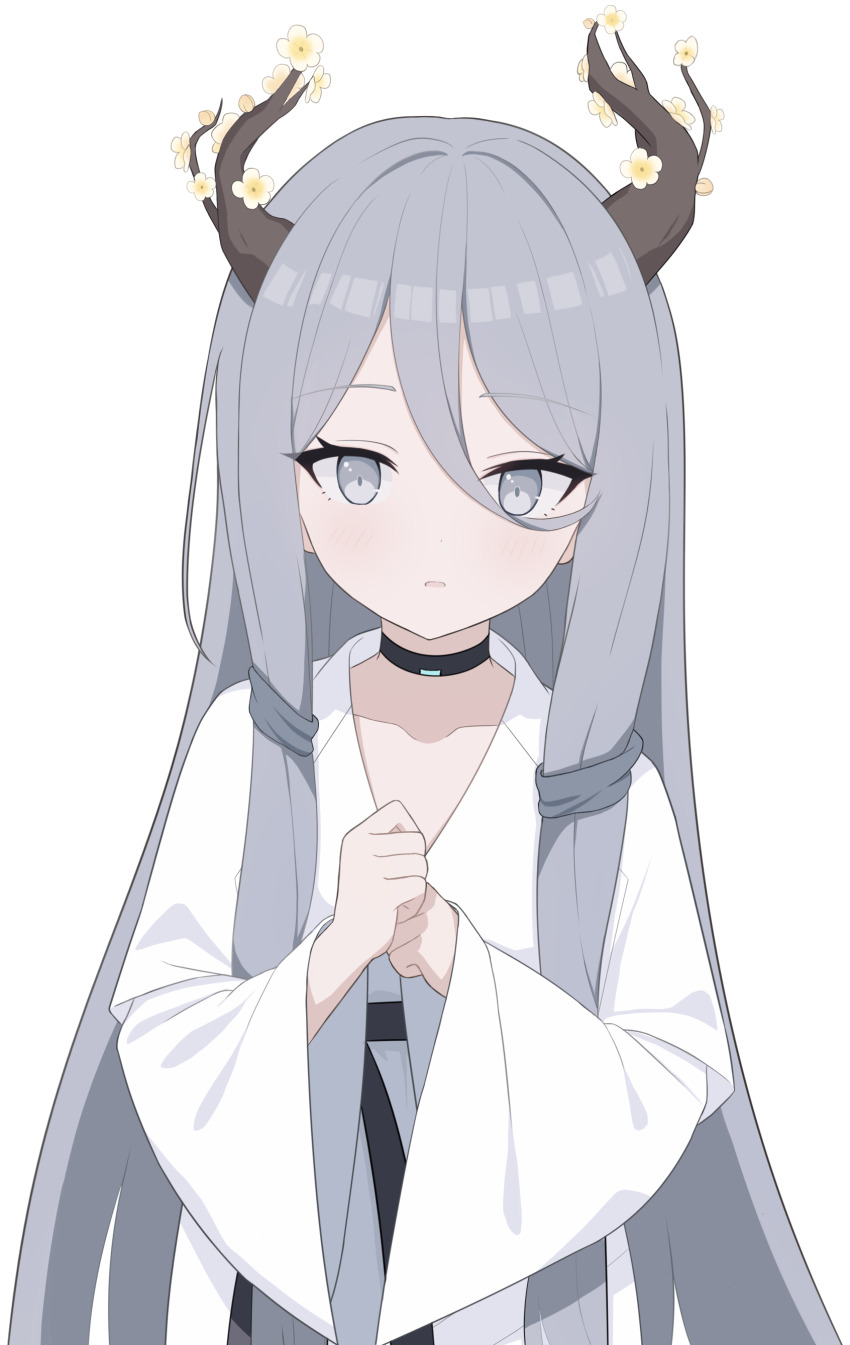 1girl, absurdres, black_choker, choker, clenched_hands, collarbone, commentary, counter:side, curled_horns, dot_nose, dress, flower, grey_eyes, grey_hair, hair_between_eyes, highres, horn_flower, horns, long_hair, long_sleeves, looking_at_viewer, own_hands_together, parted_lips, shepherd_(counter:side), sidelocks, simple_background, solo, tree_horns, very_long_hair, white_background, white_dress, wide_sleeves, yiheyulei