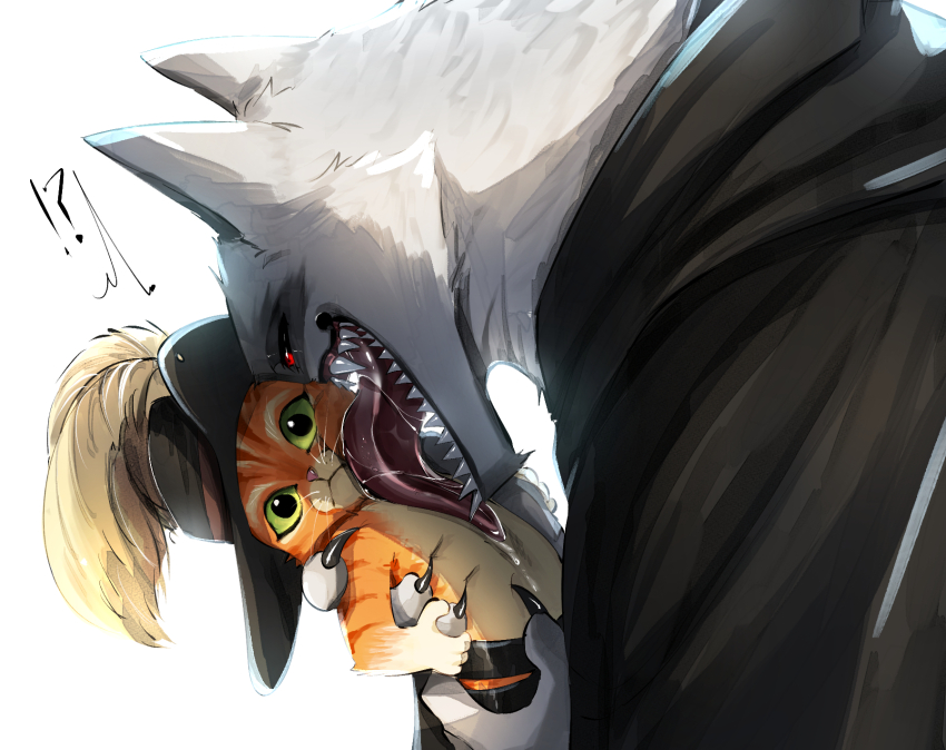 !?, 2boys, animal, belt, cat, cat_boy, cavalier_hat, death_(puss_in_boots), fagon_k8877, furry, furry_male, furry_with_furry, green_eyes, hat, hat_feather, height_difference, highres, holding, holding_animal, holding_cat, licking, licking_another's_face, long_tongue, looking_at_another, male_focus, mixed-language_commentary, multiple_boys, open_mouth, orange_cat, orange_fur, poncho, puss_in_boots:_the_last_wish, puss_in_boots_(shrek), red_eyes, saliva, sharp_teeth, shrek_(series), simple_background, size_difference, surprised, teeth, tongue, tongue_out, whiskers, white_background, wolf, wolf_boy, yaoi